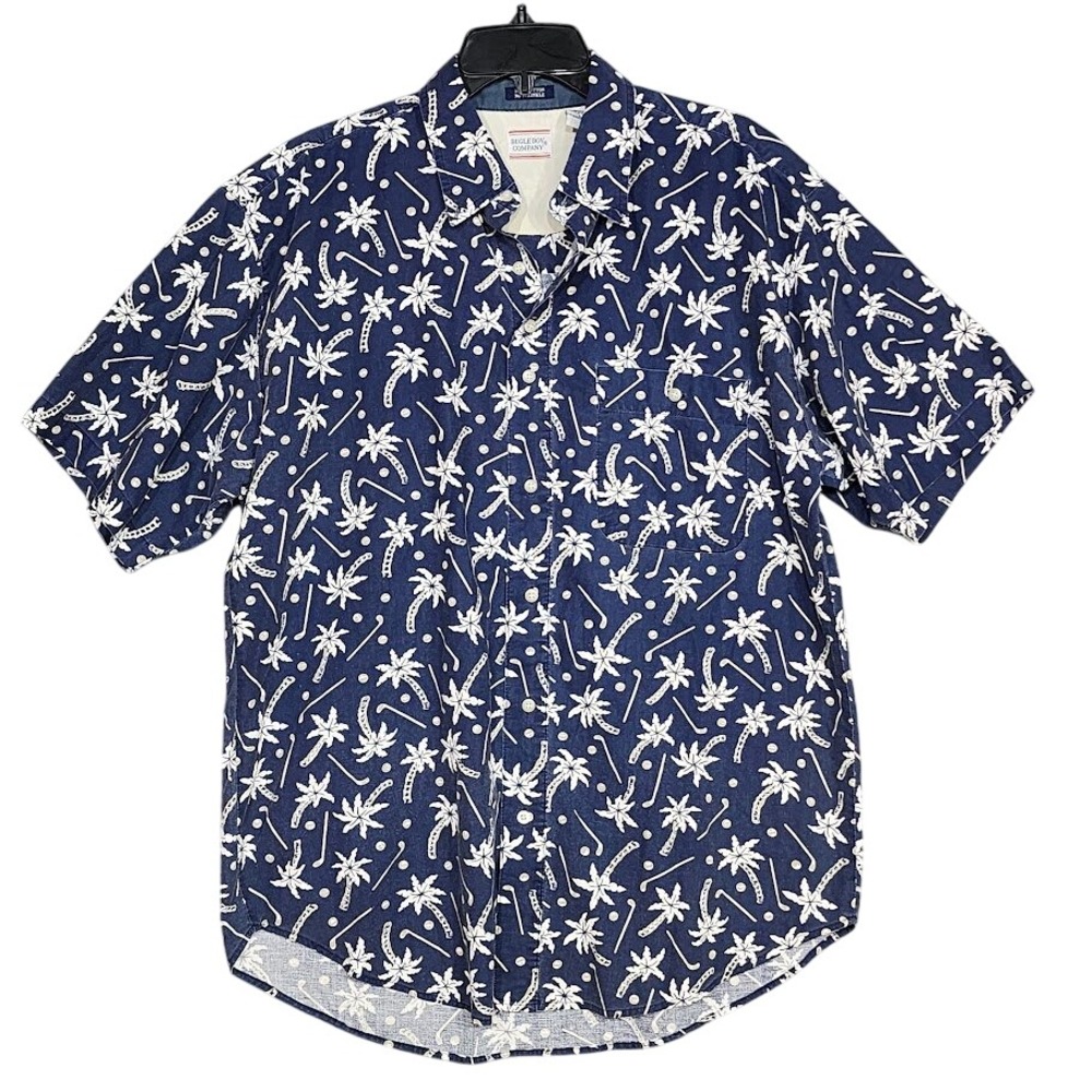 Bugle Boy Company Men's Blue‎ Palm Tree Golf Club Print Button Up Shirt Large